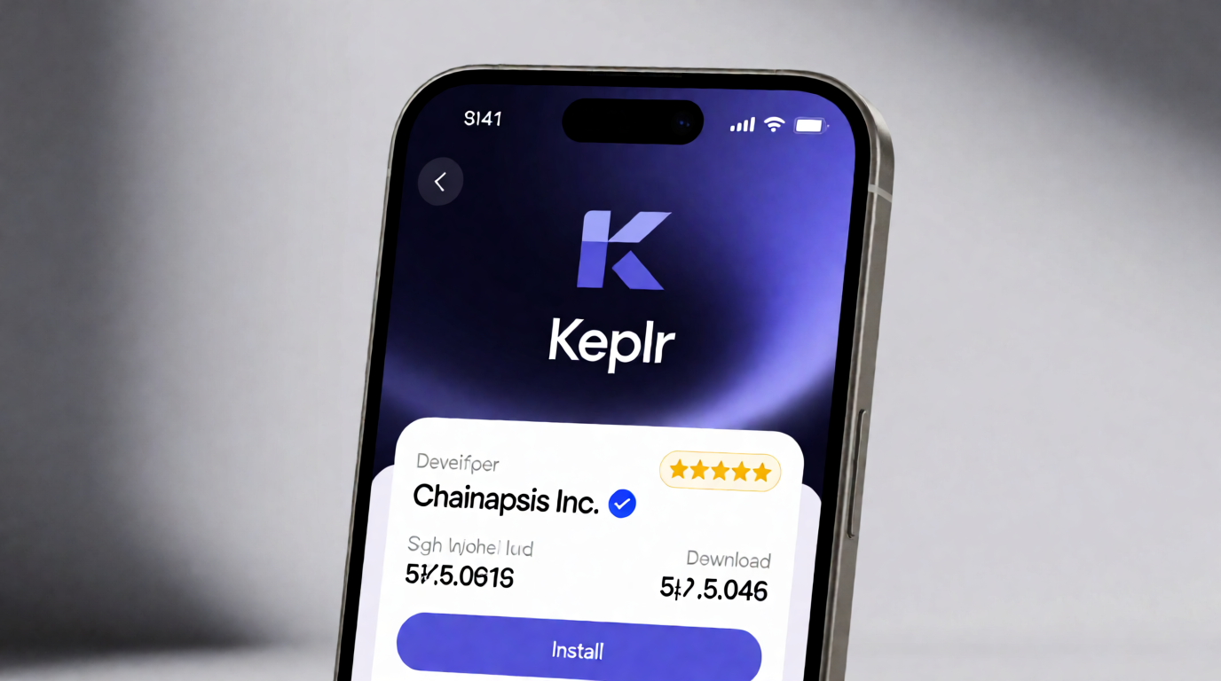 Smartphone screen showing the official Keplr Wallet app listing with verified developer Chainapsis Inc. and a high rating badge, emphasizing safe download from a trusted source.