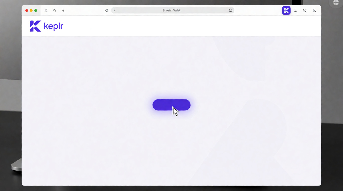 Firefox browser window showing the Keplr Wallet installation page with the Keplr logo and an install button, extension pinned in toolbar.