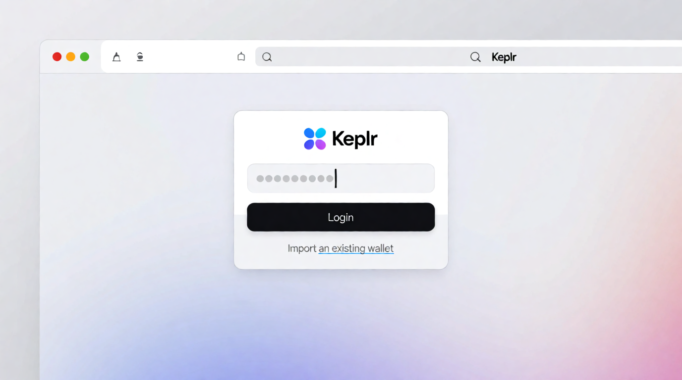 Pantalla del navegador de escritorio con la extensión de Keplr Wallet abierta, mostrando el campo de contraseña y la opción de importar con frase de recuperación.