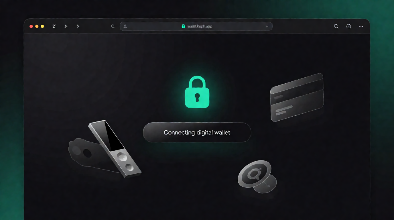 Keplr Wallet web dashboard on a computer screen, showing a padlock security icon and a connect wallet button with authentication options.