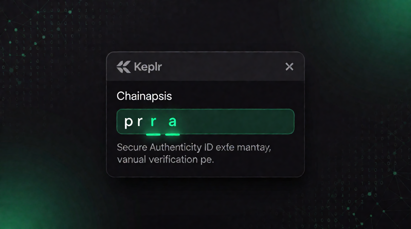 Иллюстрация проверки подлинности расширения Keplr с логотипом, издателем Chainapsis и идентификатором расширения.